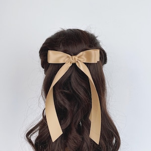 Champagne Satin Long Tail Bow Barrette: Wedding Hair Clip