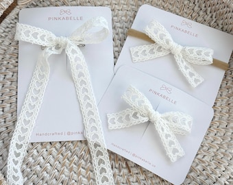 White Heart Lace Bow Clip, Headband, Pigtail Set, Cotton Ribbon Hair Accessories
