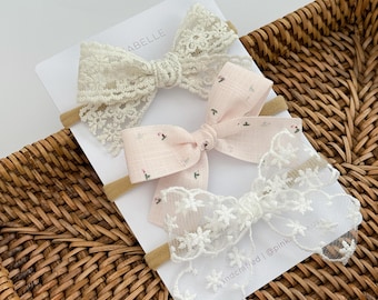 Handmade White Lace Bow Headband: Newborn, Toddler Hair Accessory