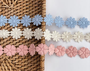 ブルー＆ピンクの花柄刺繍コットンレーストリム：2.1メートル - Etsy 日本
