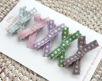Pastel Gingham Baby Bow Clips, Fine Hair Toddler Ribbon Set