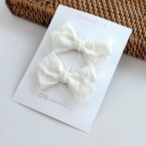 White Lace Bow Hair Clips: Cotton Eyelet Baby & Toddler Set