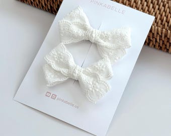 White Lace Bow Hair Clips: Cotton Eyelet Baby & Toddler Set