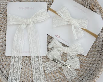 Handmade White Cotton Lace Baby Hair Bow, Clip or Headband, Long Bow