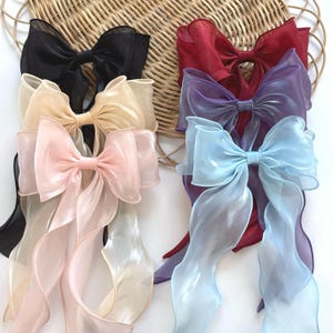Oversized Sheer Organza Hair Bow Clip, Long Tail Ribbon, Bridal Elegant Barrette