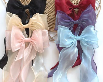 Oversized Sheer Organza Hair Bow Clip, Long Tail Ribbon, Bridal Elegant Barrette
