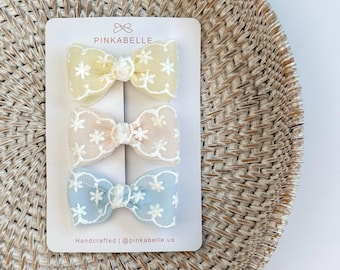 Embroidered Lace Baby Bow Hair Clip Set, Soft Yellow, Blush Pink, Baby Blue