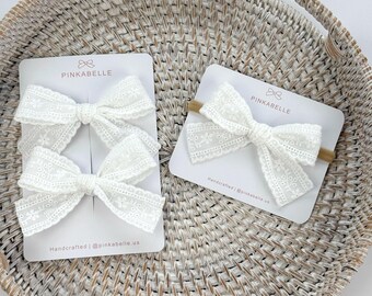 White Eyelet Lace Long Tail Bow Hair Clip, Baby Toddler Accessory