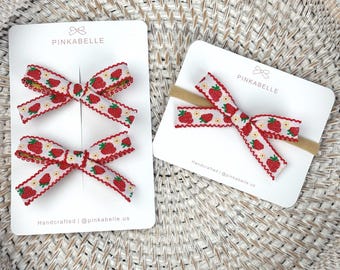 Strawberry Ribbon Bow Set, Baby Headband & Pigtail Clips, Summer Girls Accessories