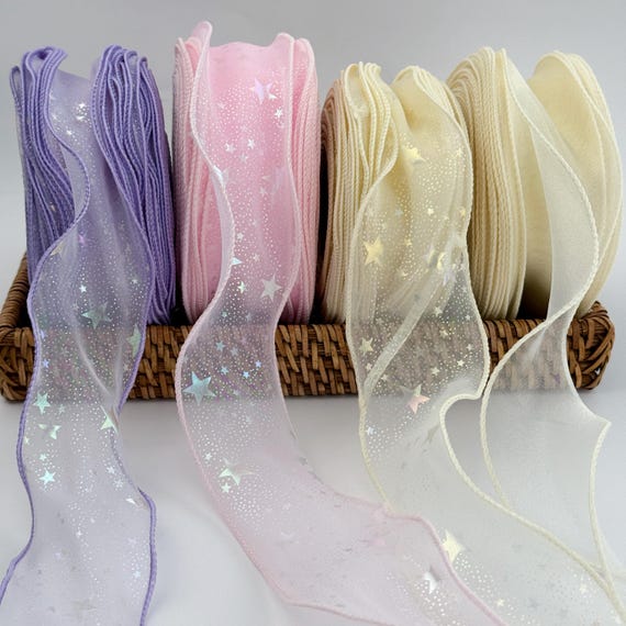 Pastel Star Wired Ribbon - 2.3” Sheer Organza Ribbon, Hair Bow, Gift Wrap, DIY Craft Supplies