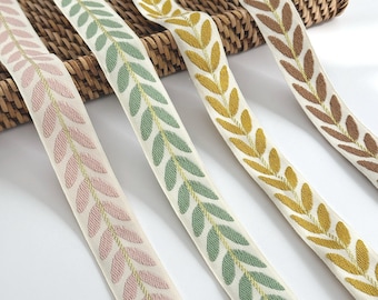 Embroidered Leaf Jacquard Trim Ribbon, Boho Floral Woven Lace, Sewing Craft Supply by Yard