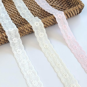 Floral Cotton Lace Trim: Scalloped Eyelet Ribbon, White & Pink - By The Yard
