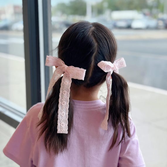 Pink & White Lace Hair Bow Clips: Long Tail Ribbon Pigtail Set - Etsy