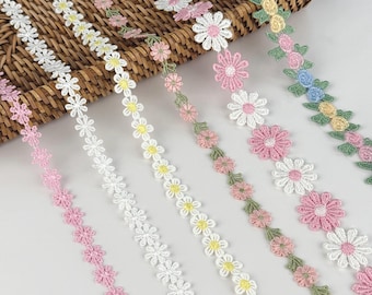 Floral Embroidered Lace Trim by Yard, Daisy Flower Ribbon for Crafts, Sewing Accessories