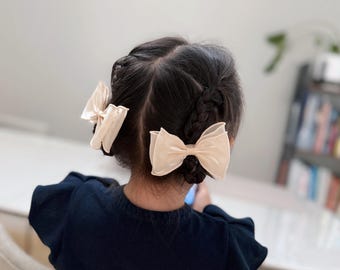 Organza Hair Bow Clip: Baby Girl Double Bow, Dusty Pink & Beige