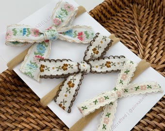 Floral Baby Bow Headband: Embroidery Ribbon, Soft Nylon or Clip Newborn Headband