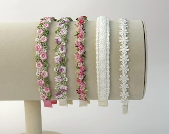 Embroidered Floral Lace Headband, Toddler Girl Daisy Hairband, Handmade Spring Accessory