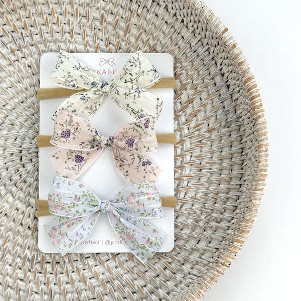 Floral Chiffon Baby Headband, Soft Nylon Bow, Newborn Photo Prop