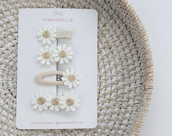 Embroidered Daisy Hair Clip Set: Neutral Floral Spring Accessories for Girls