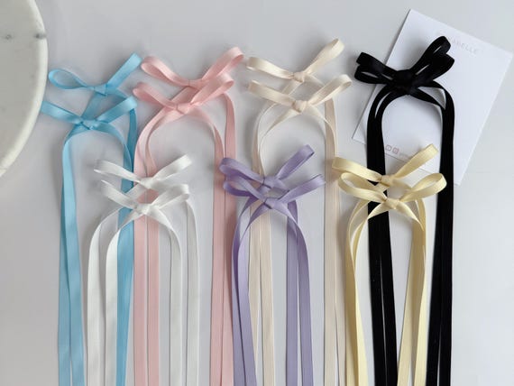 Satin Long Tail Hair Bow Clips: Matching Set of 2 - Etsy display picture 2