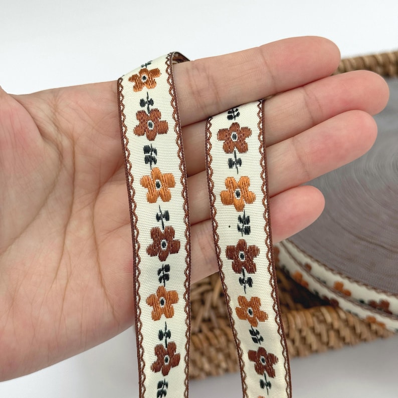 Embroidered Floral Ribbon Trim: Vintage Jacquard Sewing and Crafts D: Brown Floral