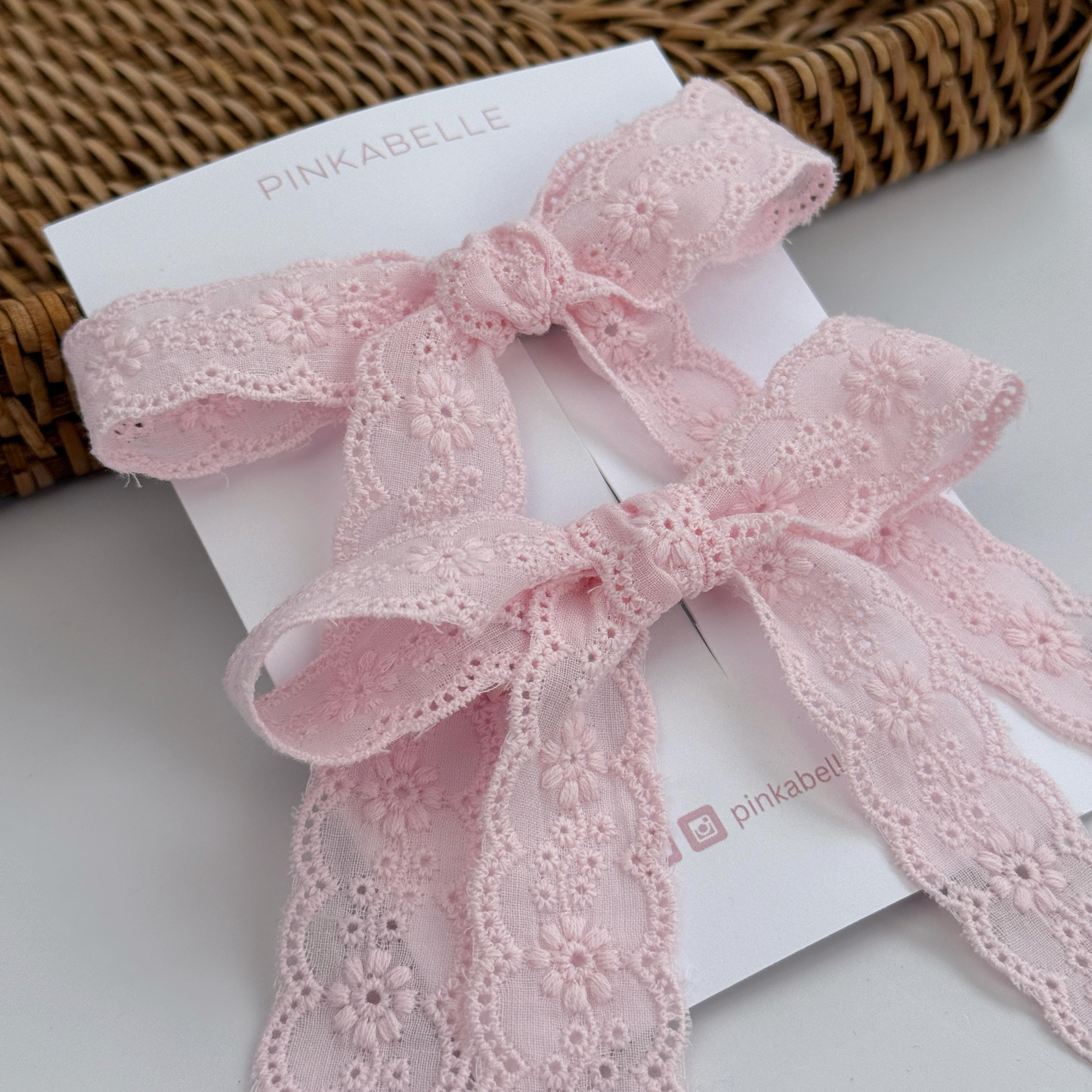 Pink & White Lace Hair Bow Clips: Long Tail Ribbon Pigtail Set - Etsy