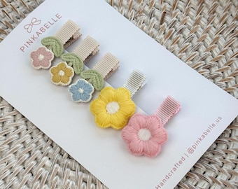 Embroidered Daisy Flower Hair Clips for Baby Girls, Pastel Floral Barrettes Set