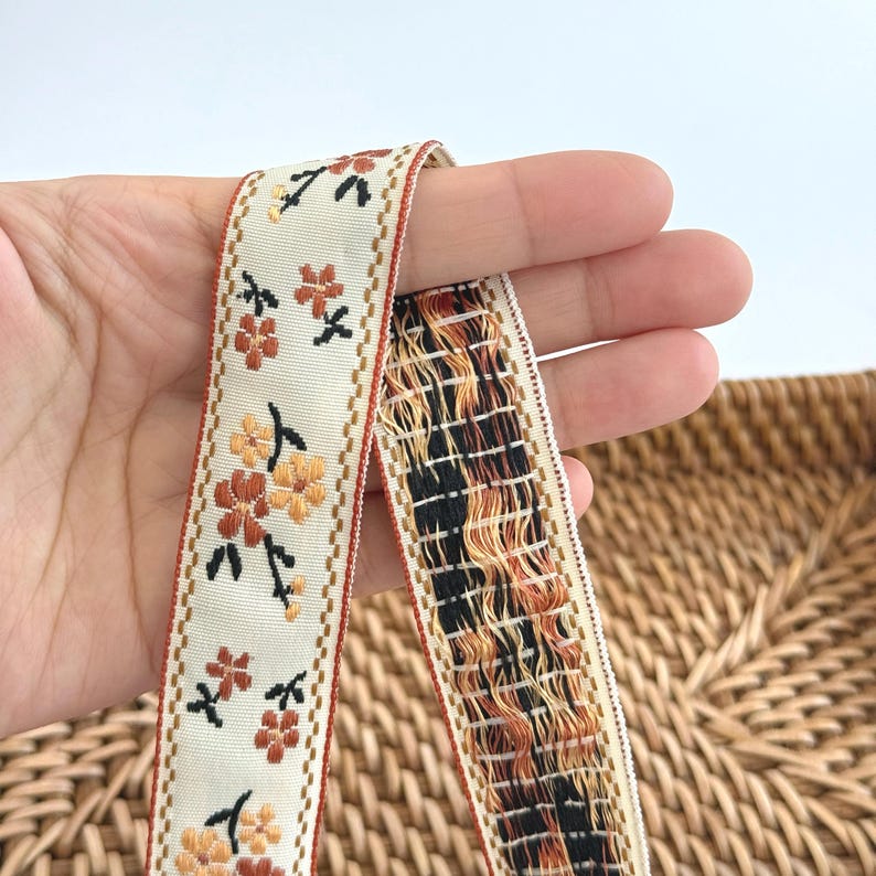 Embroidered Floral Ribbon Trim: Vintage Jacquard Sewing and Crafts F: Light Brown