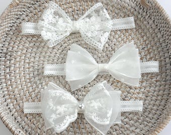 Handmade White Lace Baby Headband, Newborn Photo Prop, Baptism Bow Accessory