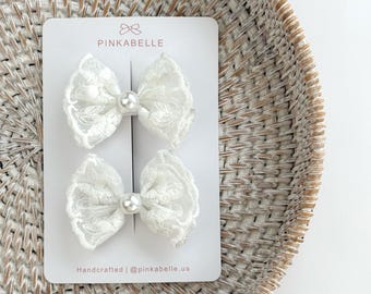 White Lace Pearl Hair Bow for Baby Girls, Toddler Hair Accessories, Fully Lined Clips