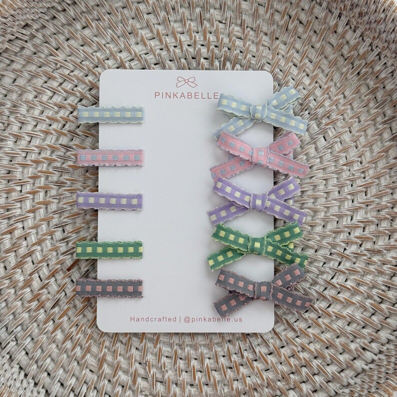 Pastel Gingham Baby Bow Clips, Fine Hair Toddler Ribbon Set image 5