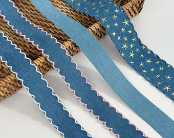 Denim Ribbon Trim – Gold Star, Scallop Edge, Craft Sewing Supplies