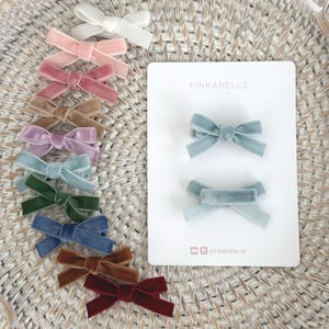 Pode incluir: Uma coleção de laços de cabelo de veludo em várias cores, incluindo branco, rosa, castanho, roxo, verde, azul e bordô. Dois laços azuis claros são exibidos em um cartão branco com a marca "PINKABELLE".