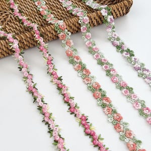 Pink Floral Embroidered Lace Trim: Rose Flower Ribbon, DIY Sewing Craft
