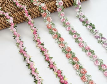 Pink Floral Embroidered Lace Trim: Rose Flower Ribbon, DIY Sewing Craft