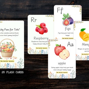 Educatieve fruitkaarten met alfabet voor kinderen: A-Z leeravontuur met gezondheidsvoordelen! Flashcards | ABC Montessori-flashcards, thuisonderwijs