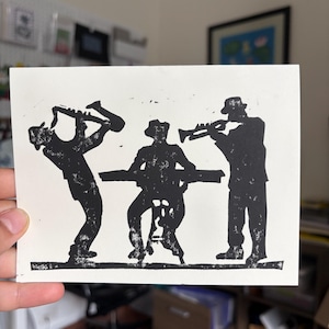 Lot de 3 cartes de voeux faites main Jazz Band Block Print – Carte vierge pour toutes les occasions