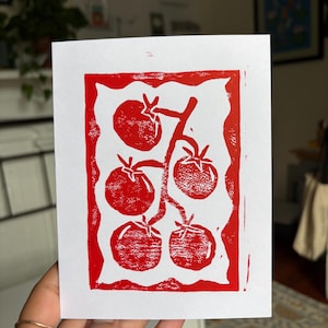 Set van 3 handgemaakte wenskaarten met tomatenblokprint – rustieke groentekunst, blanco kaart voor elke gelegenheid