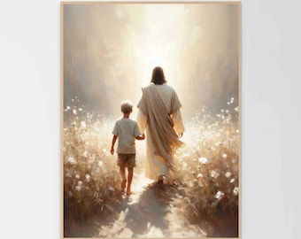 May include: A painting of a man and a young boy walking through a field of flowers. The man is wearing a long robe and the boy is wearing a short-sleeved shirt and pants. The painting is done in a realistic style and the colors are muted.