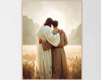 Lui ti guida, Arte cristiana, Gesù con un uomo, Arte di Gesù, Arte LDS, Arte biblica, Gesù abbraccia un uomo, Dipinto cristiano, Stampe di Gesù, Gesù PNG