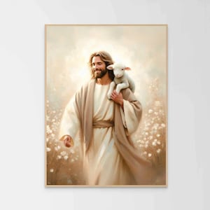May include: A painting depicting Jesus Christ walking through a field of white flowers, carrying a white lamb on his shoulder. The painting is rendered in a soft, warm colour palette.