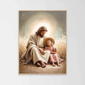 Happiness and Love, Christian Art, Jesus with Girl, Picture of Jesus, LDS Painting, Bible Wall Art, Christian Nursery Art, Jesus Painting