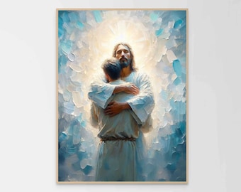 Nella sua luce, arte murale cristiana, Gesù che abbraccia l'uomo, arte di Gesù, arte LDS, arte murale con versetti della Bibbia, Gesù e l'uomo, arte murale cristiana stampabile