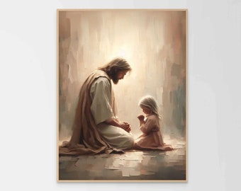 Tiny Love, Christian Painting, Jesus Praying with Little Girl, Jesus Christ Painting, LDS Art, Bible Print, Catholic Art, Christian Wall Art