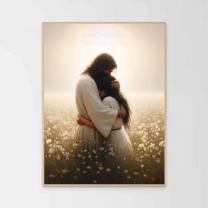 His Loving Touch, christelijke muurkunst, Jezus knuffelt vrouw, Jezus wordt afgedrukt, LDS-muurkunst, bijbelschilderij, Jezus met meisje, Jezus-aquarel