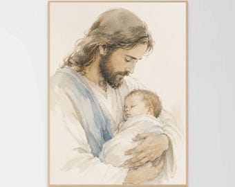 Cradled by Christ, Christian Wall Art, Jesus Holding a Baby, Bible Painting, Picture of Christ, LDS Wall Art, Printable Religious Decor