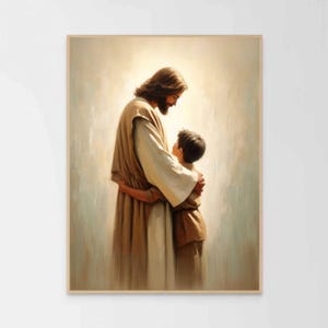 May include: A framed print depicts a tender embrace between two figures. One figure, with long brown hair and a beard, is clad in flowing robes. The other, a young person, is embraced in a warm hug. The artwork is rendered in soft, warm tones.