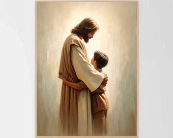 Savior&#39;s Love, Christian Art, Jesus Hugging Boy, Jesus Wall Art, LDS Art, Bible Prints, Jesus with Children, Jesus Prints, Christian Picture