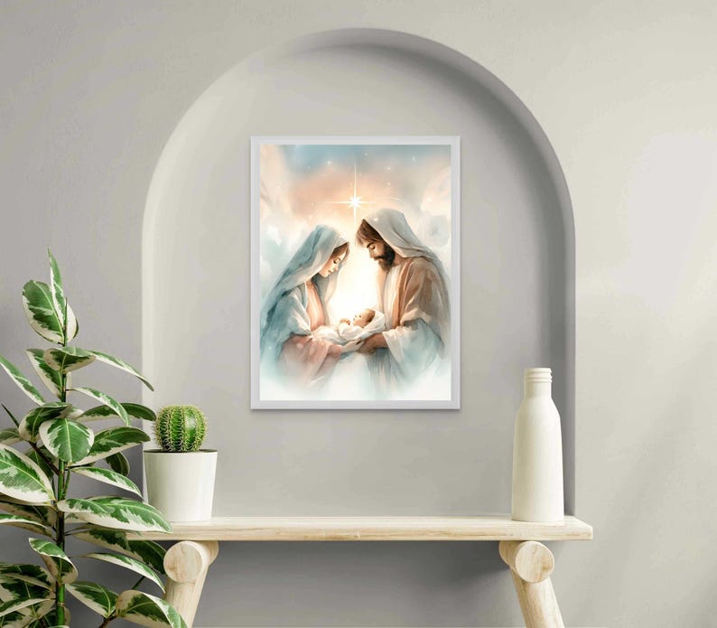 Holy Family Nativity Art, Christian Art, Joseph Mary and Baby Jesus ...