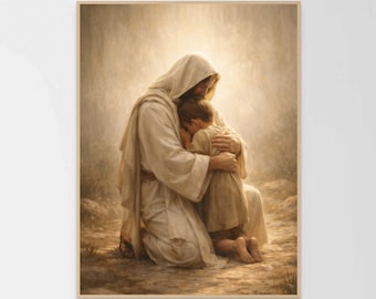Love's Protection, Christian Wall Art, Jesus Hugging Child, Jesus Art, Christian Art Prints, Bible Art, Modern Christian Art